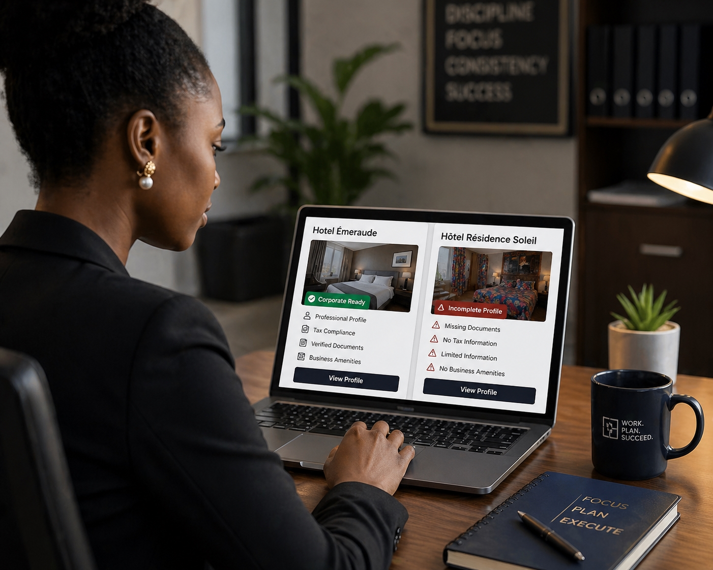A professional woman at a desk studies two hotel profiles on her laptop; one has a 'Corporate Ready' tag, the other appears incomplete.