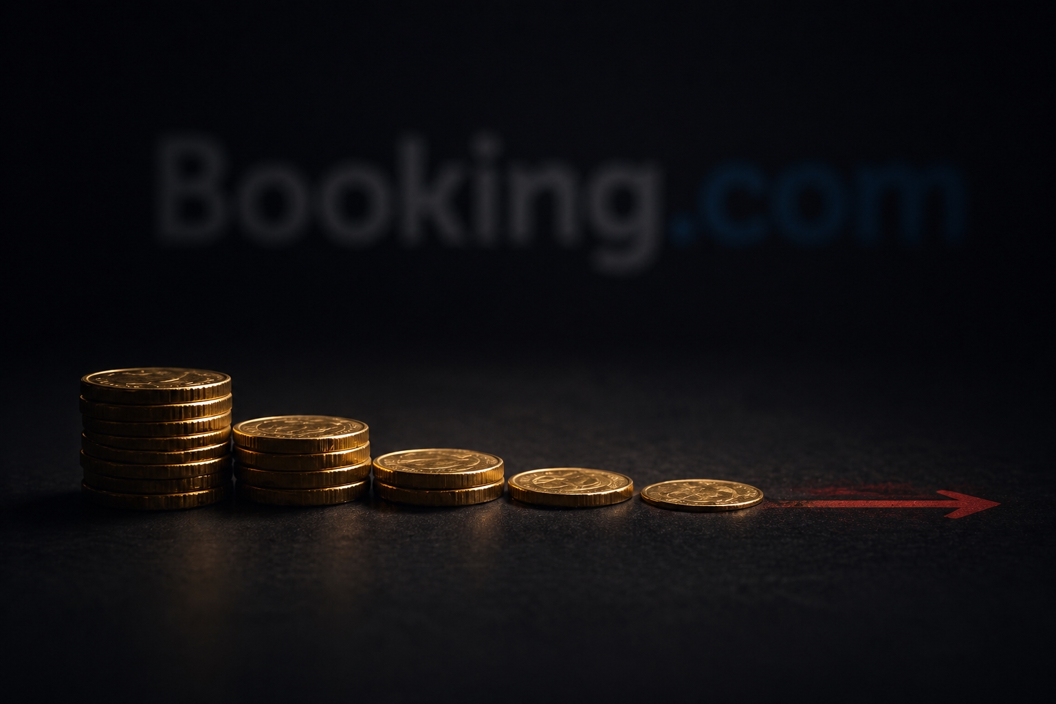 A stack of gold coins on a dark surface, with a faint red arrow pointing away, symbolizing the portion of revenue lost to OTA commissions.
