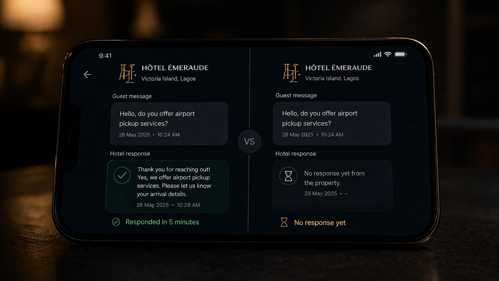 A smartphone screen split in two: on one side a hotel message with a green checkmark 'Responded in 5 minutes', on the other an hourglass and 'No response yet'.